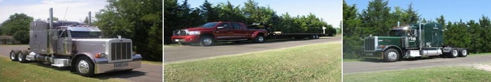 A red truck is pulling a trailer behind it.